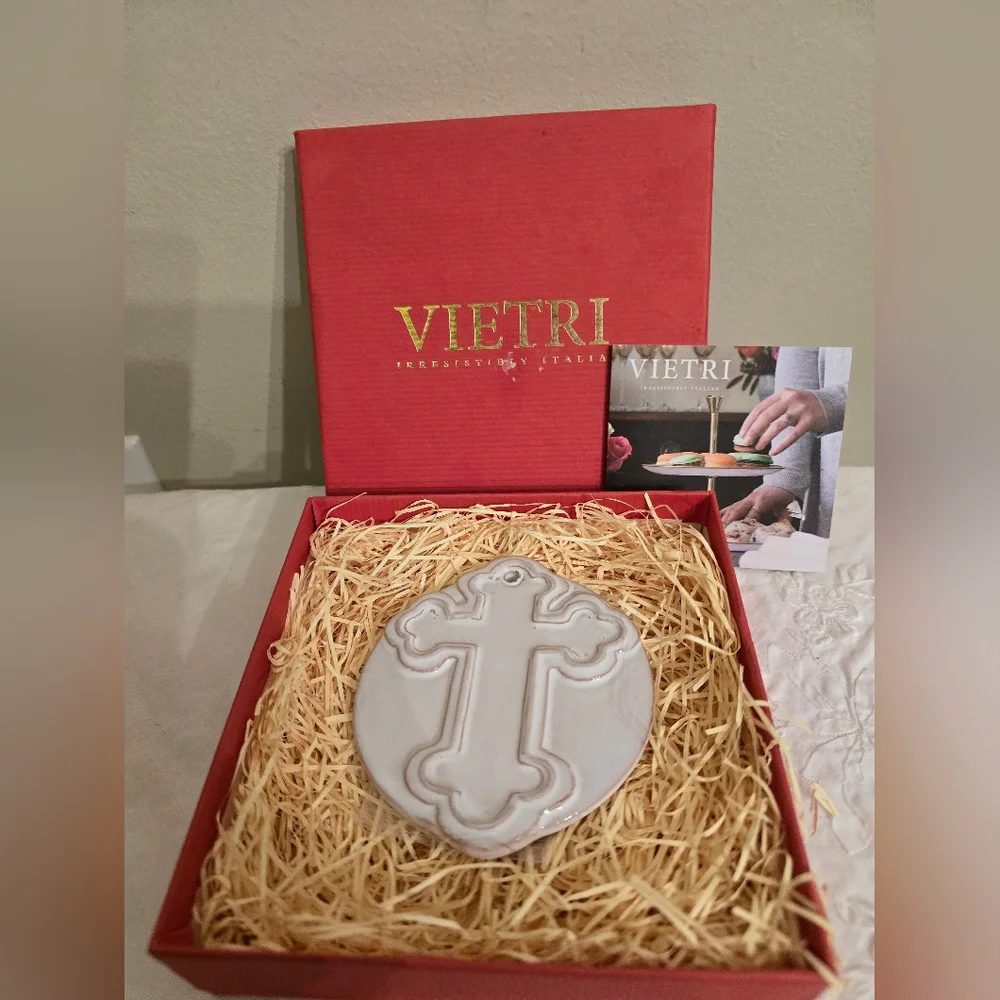 Vietri White Cermic Cross Ornament With Box